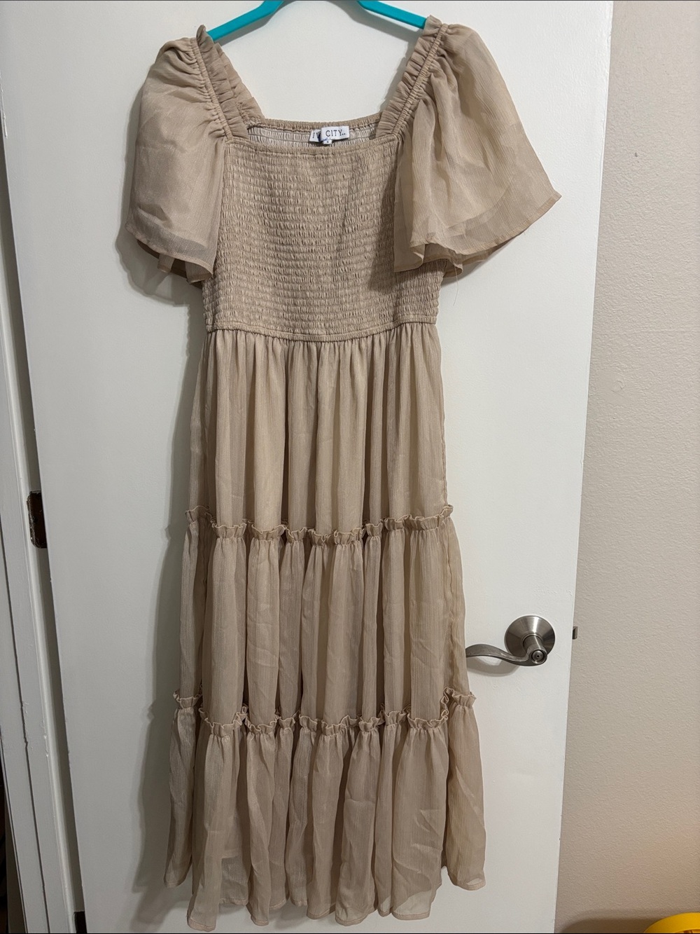 Ivy City Neutral Beige Smocked Top with Elastic Neckline - Picture 1 of 4
